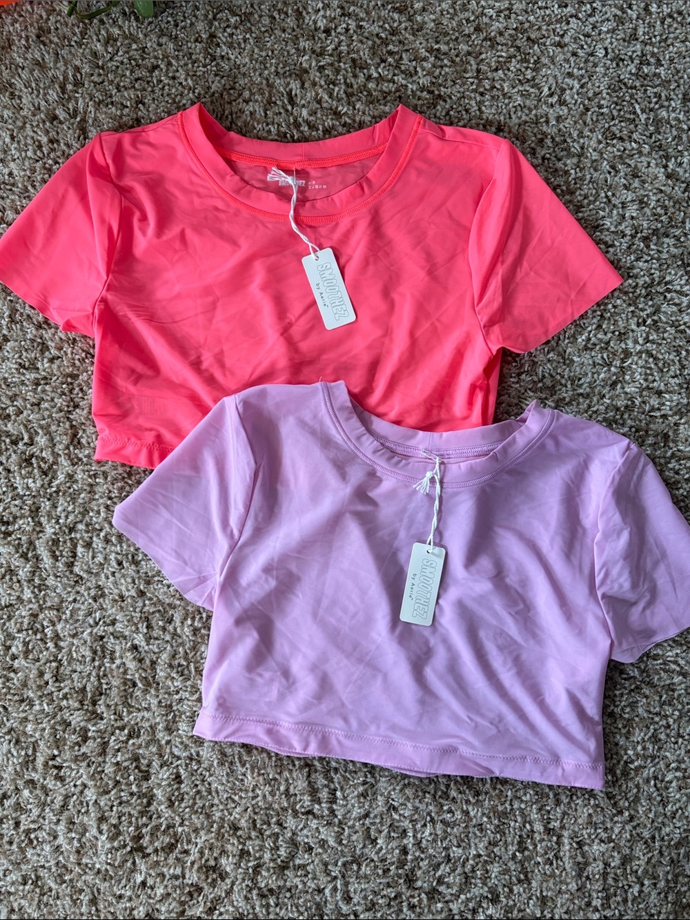 NWT Aerie Smoothez medium Short Sleeve Crew Crop Tops - Neon Coral & Purple